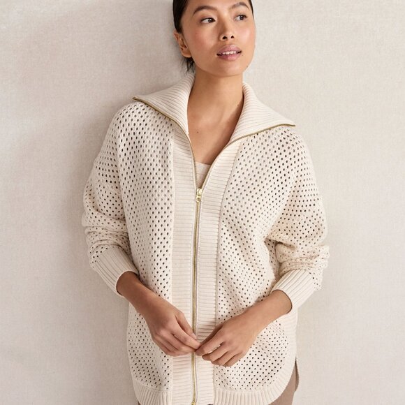 Varley Finn LongLine Cream Open Knit Jacket gold zipper - Picture 2 of 7